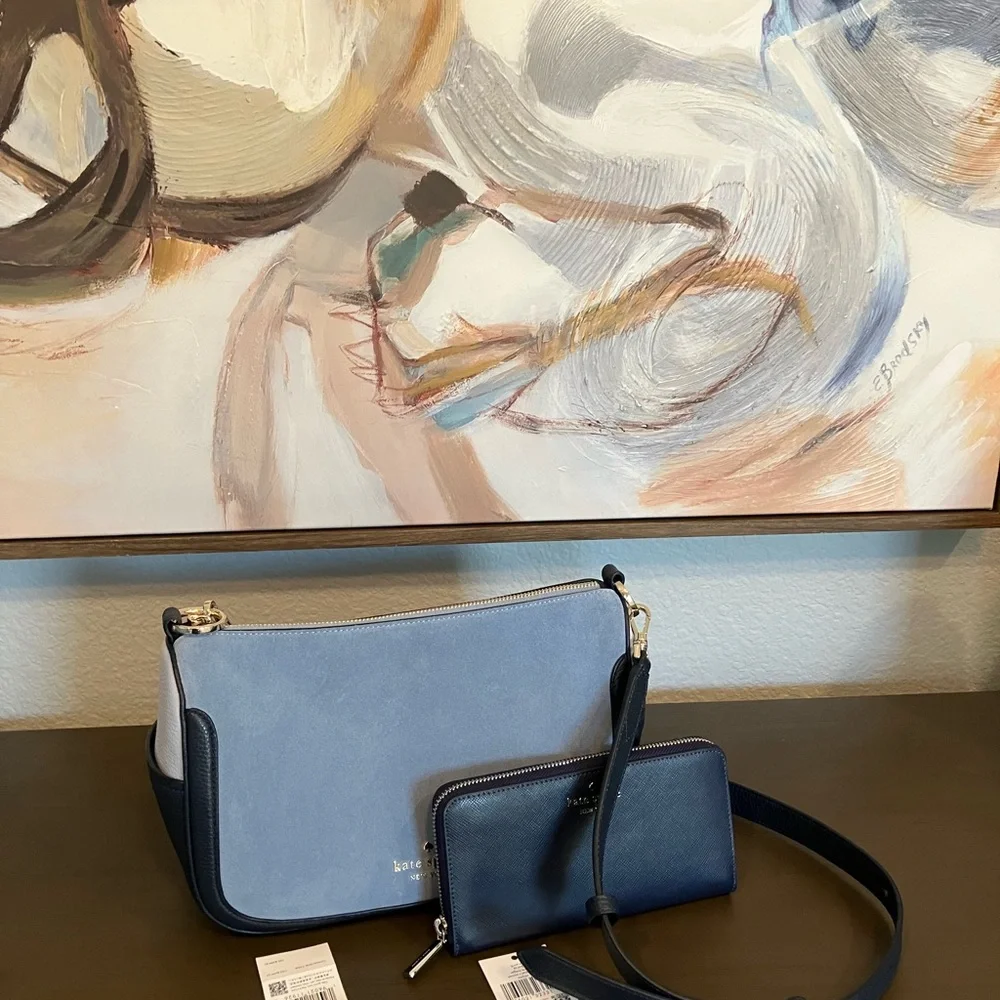🔥Kate SPADE blue suede and pebbled leather crossbody bag. NWT